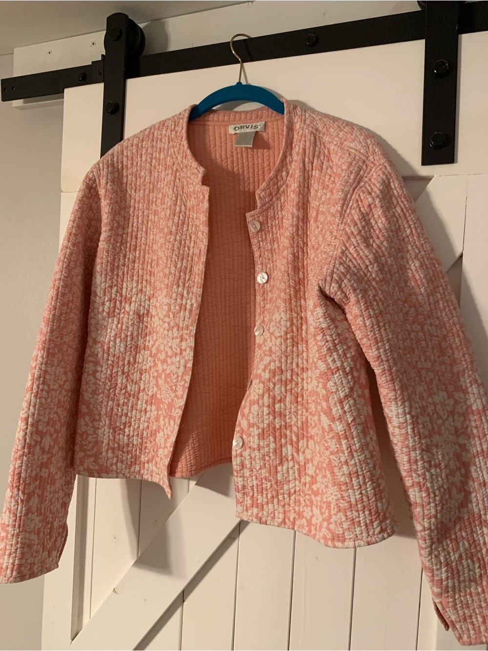 Vintage Orvis pink abd white floral quilted reversible cardigan jacket